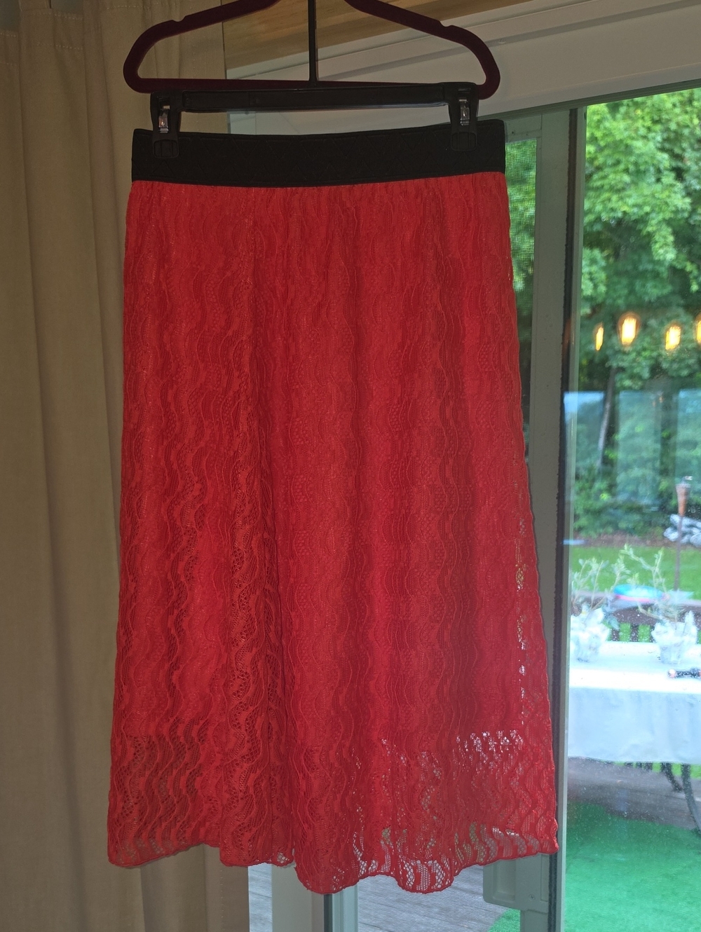 LuLaRoe Lola Coral Lace Midi Skirt with Black Waistband